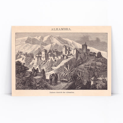 Vintage illustration poster of Alhambra palace with mountains and vegetation by The Institute of Liepzig, framed and displayed in modern living room decor