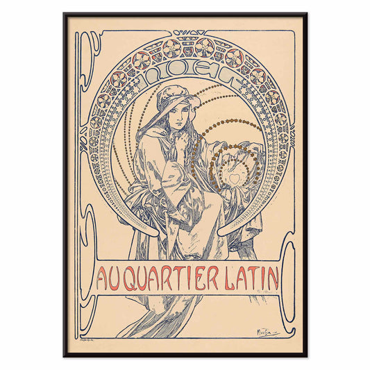 Alphonse Mucha Au Quartier Latin poster, graceful woman in Art Nouveau linework, beige and blue tones, with black aluminium frame on white background
