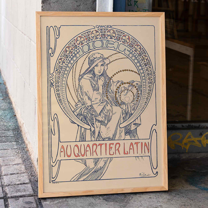 Alphonse Mucha Au Quartier Latin poster, graceful woman in Art Nouveau linework, beige and blue tones, framed and displayed in home decor