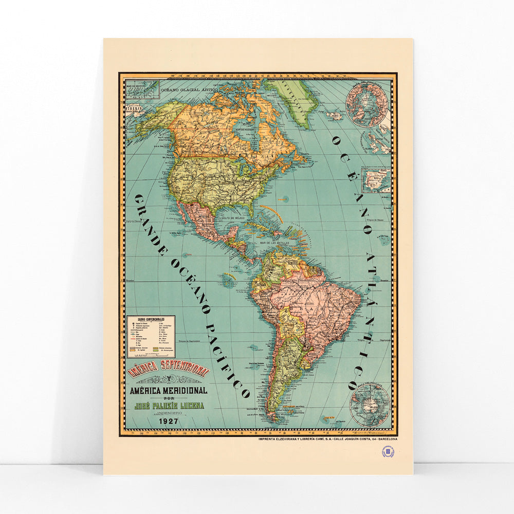 Vintage map poster of North and South America titled América septentrional y América meridional by Paluzie Lucena Josep, framed and displayed in modern living room decor