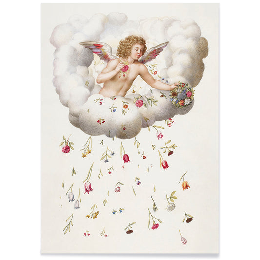 Angel or cherub with wings sitting on a cloud scattering flowers La Guirlande de Julie illustration artwork poster, with black aluminium frame on white background
