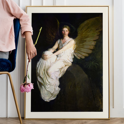 Serene angel with golden wings in white robes seated artwork Stevenson Memorial by Abbott Handerson Thayer poster, framed and displayed in home decor