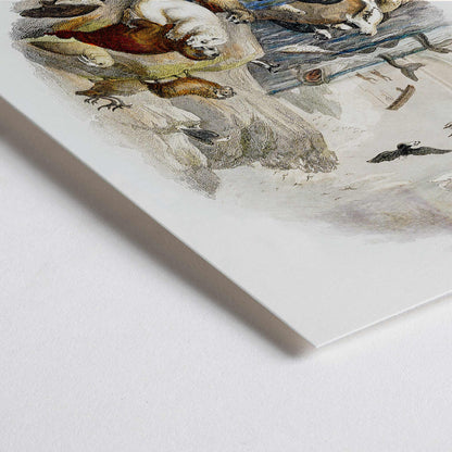 Closeup detail of Hand drawn illustration and poster of animals in natural landscape from A history of the earth and animated nature by Oliver Goldsmith featuring sea and land creatures