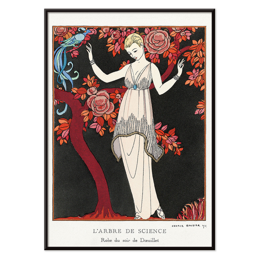 Elegant woman in evening gown under flowering tree with bird by George Barbier from LArbre de science art deco poster, with black aluminium frame on white background