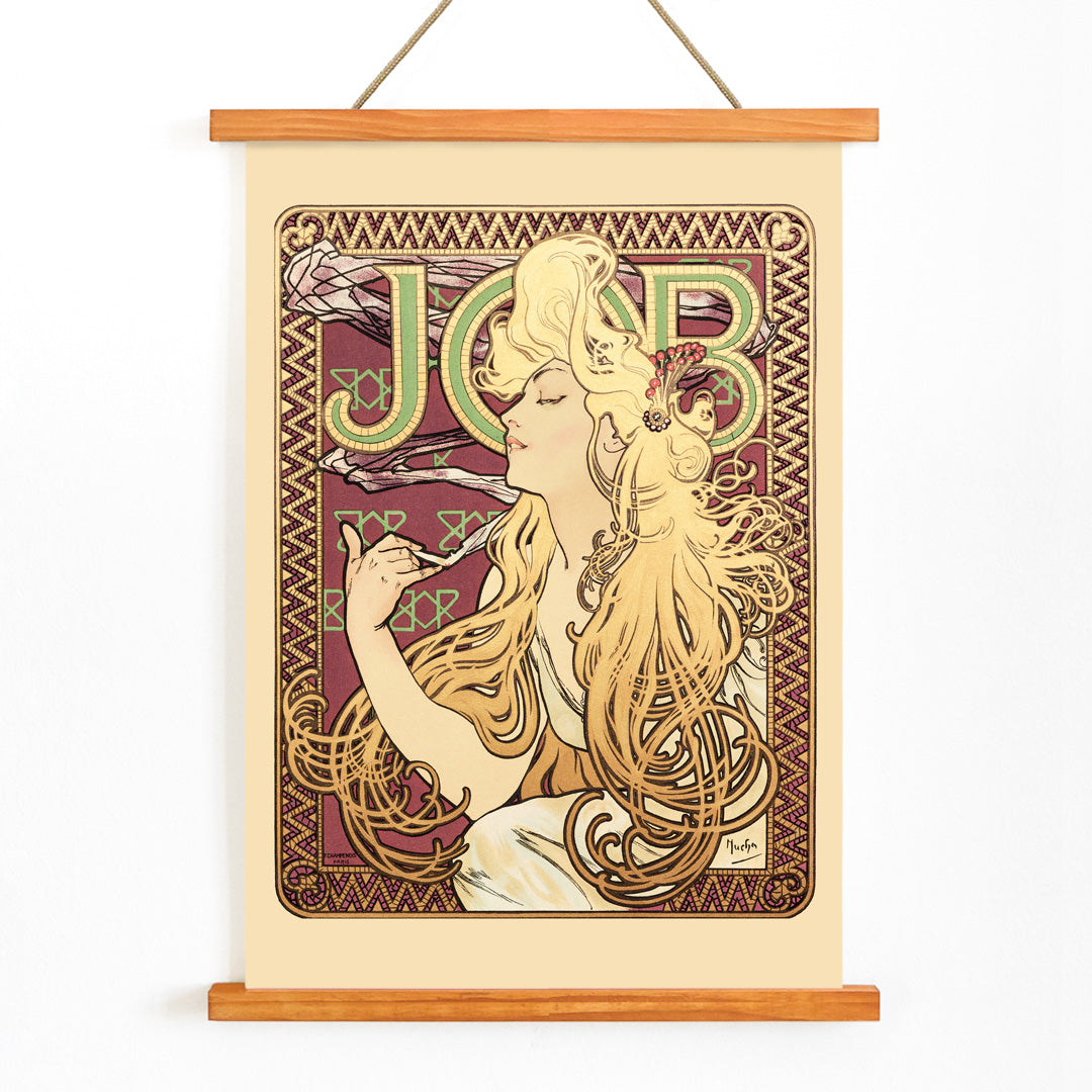 Art Nouveau poster of elegant woman with flowing hair holding a cigarette and decorative patterns by Alphonse Mucha, with wooden magnetic frame on white background