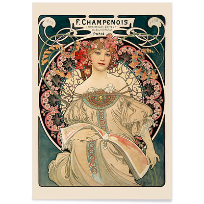 Art Nouveau poster by Alphonse Mucha featuring an elegant woman in a floral dress with flowers in her hair Affiche Champenois Imprimeur, with black aluminium frame on white background