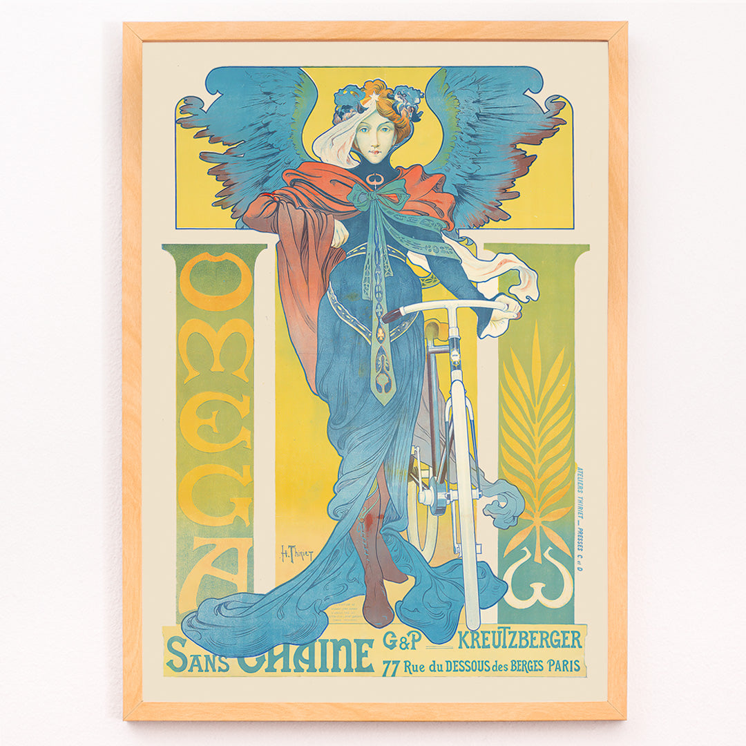 Closeup detail of Art Nouveau poster by Henri Thiriet Omega featuring a woman in flowing robes with wings beside a bicycle colorful illustration and decorative text