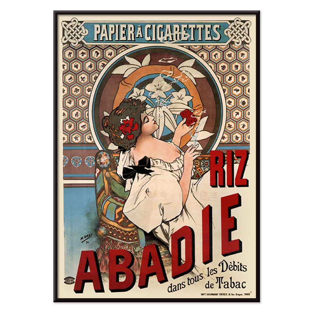 Art nouveau posters by Alphonse Mucha featuring women with floral backgrounds and Riz Abadie cigarette papers, with black aluminium frame on white background