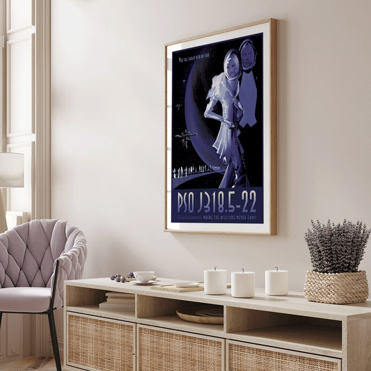 Futuristic space travelers and two figures in space suits with planet backdrop at exoplanet PSO J318.5-22 where the nightlife never ends by NASA, framed and displayed in home decor