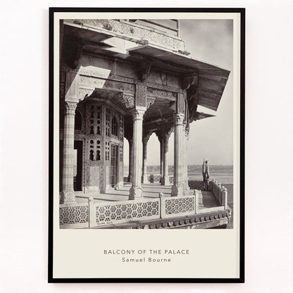 Closeup detail of Architectural photography and poster of ornate palace balcony with intricate columns and carvings by Samuel Bourne titled Balcony of the Palace