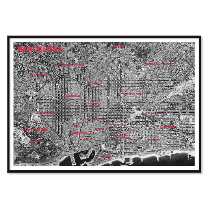 Moryarty Barcelona satellite city map poster in bold black and white aerial style showing city grid districts landmarks monuments and coastline, with black aluminium frame on white background