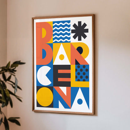 Minimalist Barcelona poster by Moryarty featuring bold geometric patterns vibrant colors and modern text design, framed and displayed in home decor
