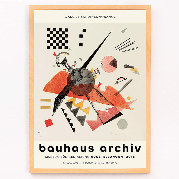 Abstract artwork Orange Bauhaus exhibition poster by Wassily Kandinsky featuring abstract geometric shapes in various colors, framed and displayed in modern living room decor