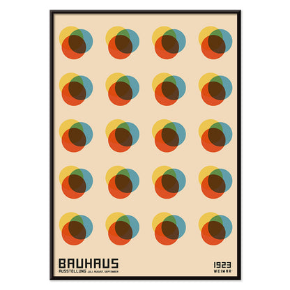 Bauhaus Poster 8 Inspired by the Weimar Exhibition with abstract colorful overlapping circles in a geometric grid pattern, with black aluminium frame on white background