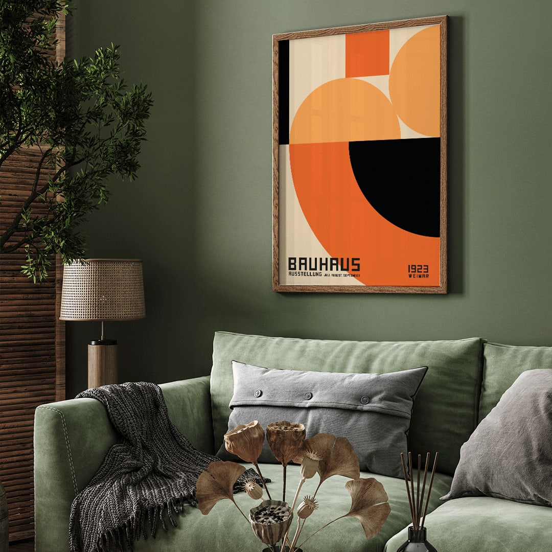 Bauhaus Poster 4 inspired by the Weimar Exhibition featuring abstract geometric shapes in orange and black by unknown artist, framed and displayed in home decor