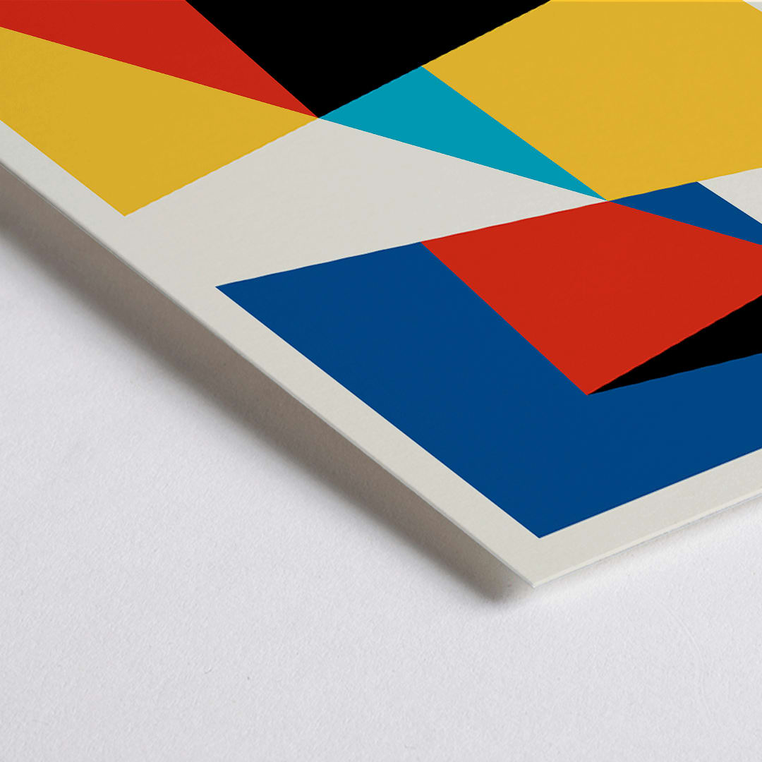 Closeup detail of Bauhaus poster 15 by Schlemmer featuring abstract geometric shapes and geometric abstract art in primary colors