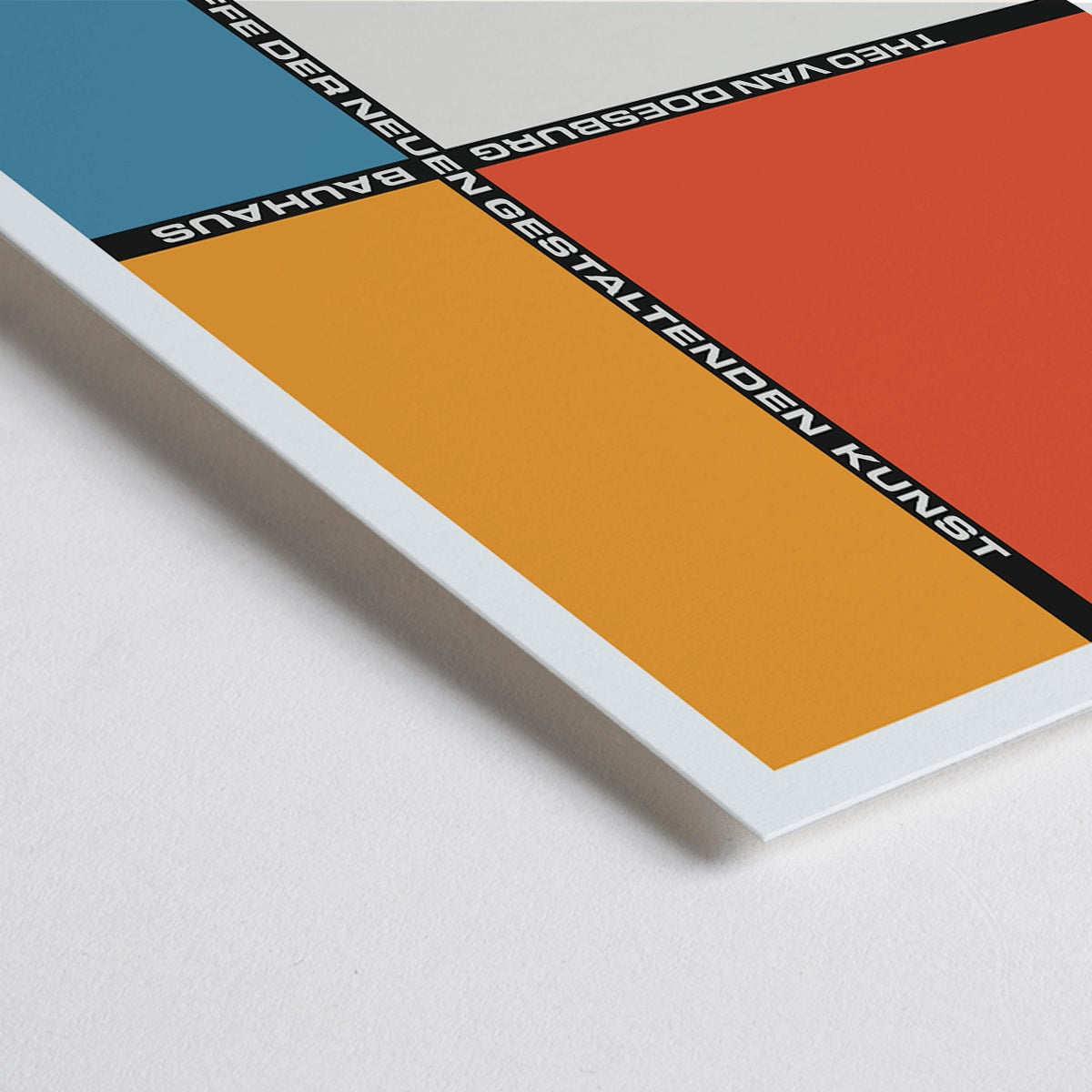 Closeup detail of Theo van Doesburg Bauhaus 21 artwork geometric abstract composition poster with bold colors and typography