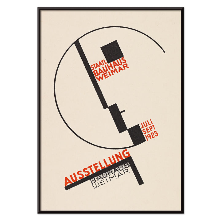 Dörte Helm Bauhaus Weimar exhibition poster with bold black geometry and red typography on warm beige background, with black aluminium frame on white background