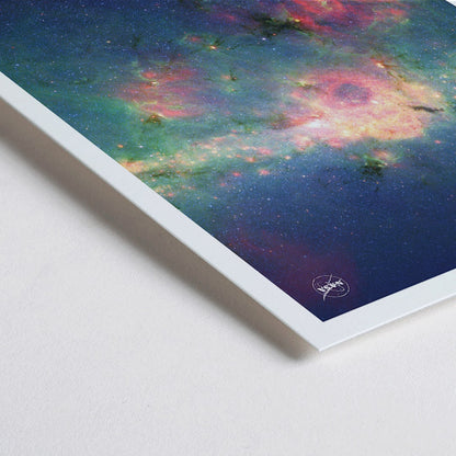 Closeup detail of Vibrant nebula poster Beyond Our Solar System by NASA with galaxy background and text