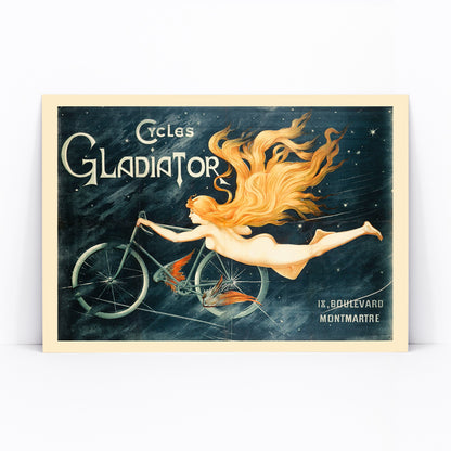 Vintage poster of a nude woman with flowing hair flying beside a bicycle in a starry space Cycles Gladiator by C B, framed and displayed in modern living room decor