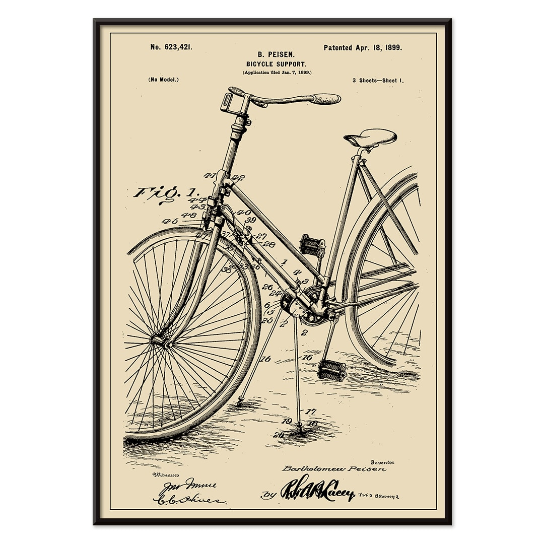 Bicycle support patent by B Peisen with detailed technical drawing and mechanical diagram featuring support stand and annotations, with black aluminium frame on white background