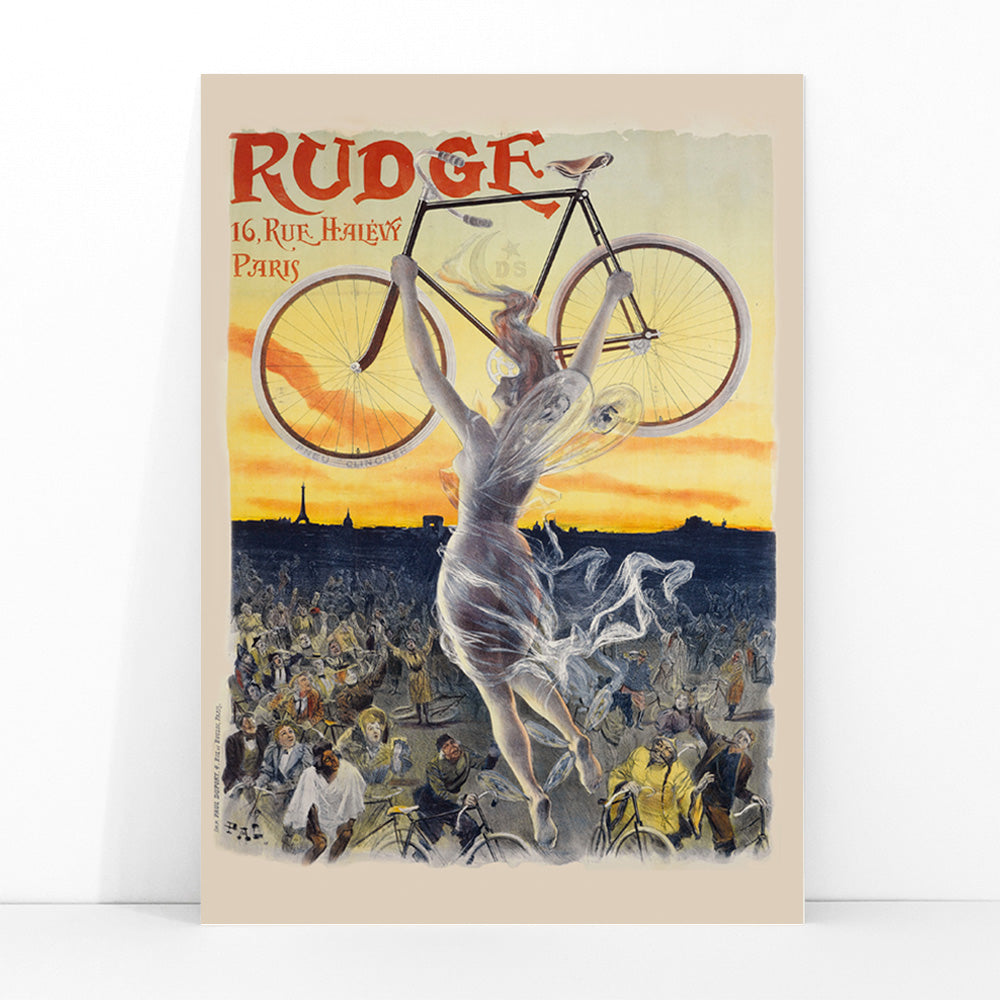 Vintage bicycle poster by Jean de Paleologue showing a triumphant figure and a woman holding a bicycle above a crowd at sunset for Rudge bicycle brand, framed and displayed in modern living room decor