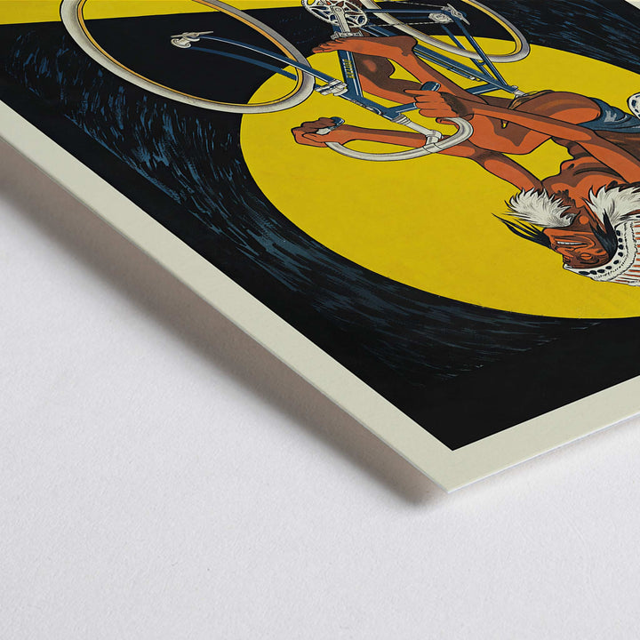 Closeup detail of Michel Liebeaux Dollar Bicycles poster with advertising cyclist, white headdress, yellow circle, black background and bold orange lettering