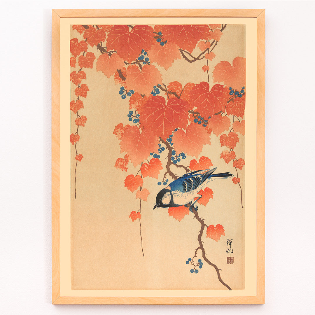 Closeup detail of Blue bird on paulownia branch with autumn leaves and berries artwork by Ohara Koson poster