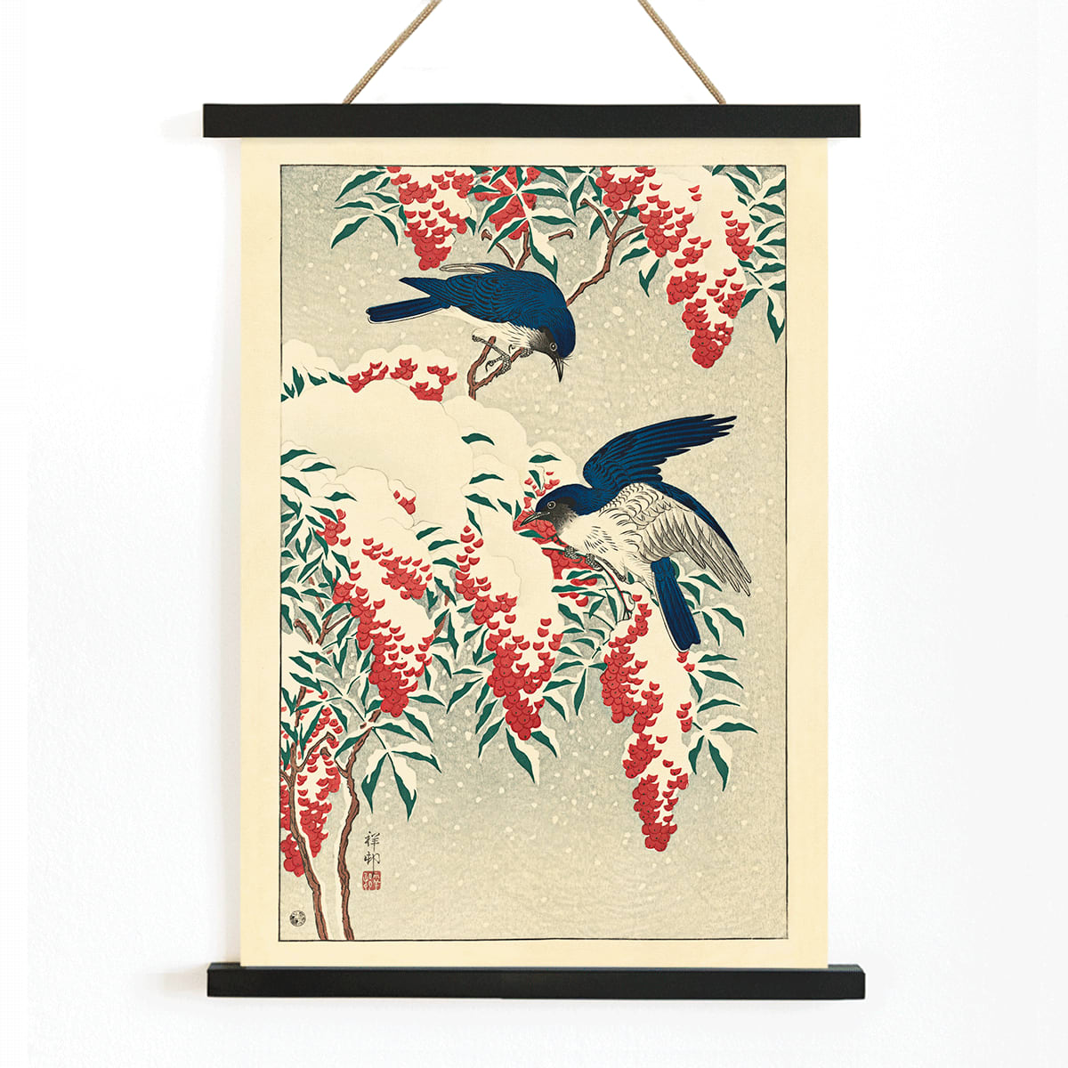 Two blue flycatchers on snow covered nandina bush artwork by Ohara Koson poster, with wooden magnetic frame on white background