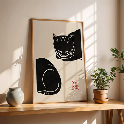 Ink illustration and poster of a stylized black cat with minimalist brush strokes by Black Cat 4 artist and Anonymous, framed and displayed in home decor
