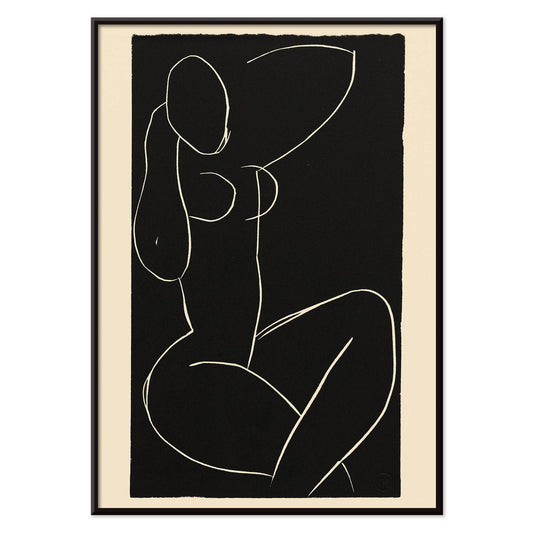 Henri Matisse Seated Nude with Crossed Legs I poster minimalist black and white nude line drawing on dark background, with black aluminium frame on white background