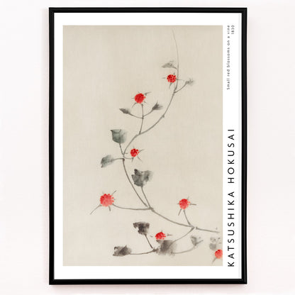 Closeup detail of Small Red Blossoms on a Vine artwork by Katsushika Hokusai featuring delicate red flowers and green leaves on a light background