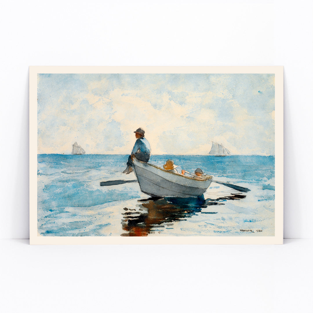 Boys in a Dory by Winslow Homer three boys relaxing in a rowboat on calm blue ocean with distant sailboats, framed and displayed in modern living room decor