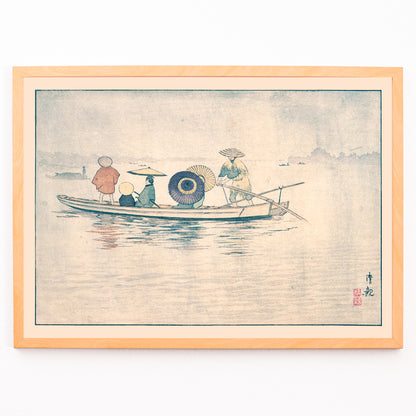 Closeup detail of People in traditional Japanese clothing on a boat in the rain near Okawa River Bridge in Spring Rain by Kobayashi Kiyochika Japanese art poster