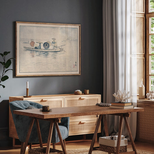 People in traditional Japanese clothing on a boat in the rain near Okawa River Bridge in Spring Rain by Kobayashi Kiyochika Japanese art poster, framed and displayed in home decor