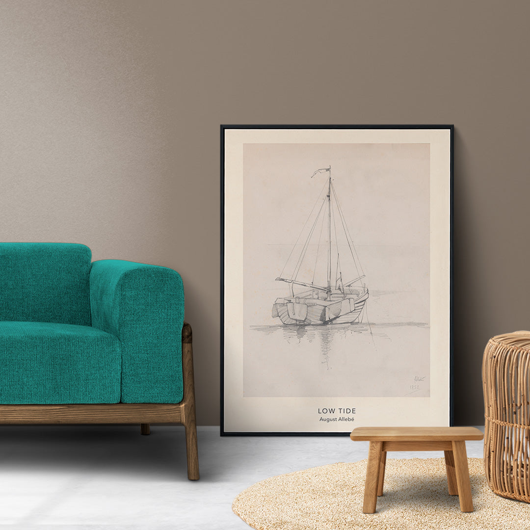 Pencil drawing poster of a sailboat at low tide on calm water artwork Low Tide by August Allebe, framed and displayed in home decor