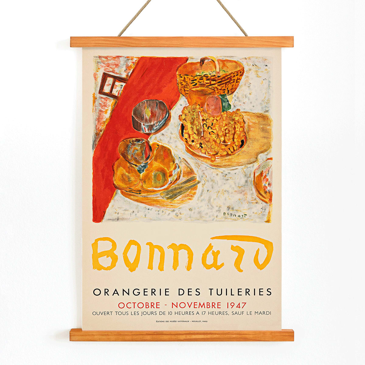 Poster for Exposition Bonnard at Orangerie des Tuileries featuring vibrant still life painting by artist Bonnard, with wooden magnetic frame on white background