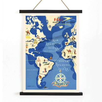 Colorful map and poster of BOAC British Overseas Airways world air routes over the Atlantic Ocean by Seymour EO, with wooden magnetic frame on white background