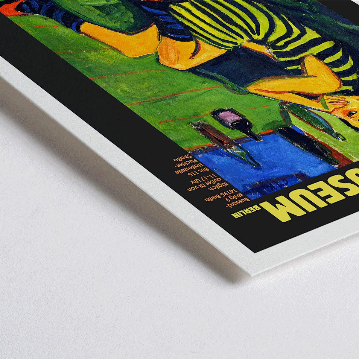 Closeup detail of Brucke museum exhibition poster of Female Artist by Ernst Ludwig Kirchner showing a colorful expressionist scene