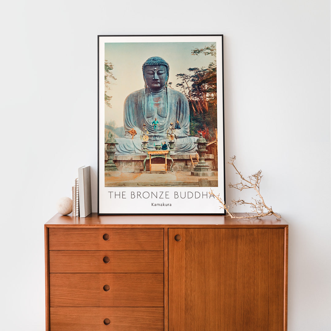 Bronze Buddha at Kamakura by Kazumasa Ogawa large outdoor statue with trees and altar in background, framed and displayed in home decor