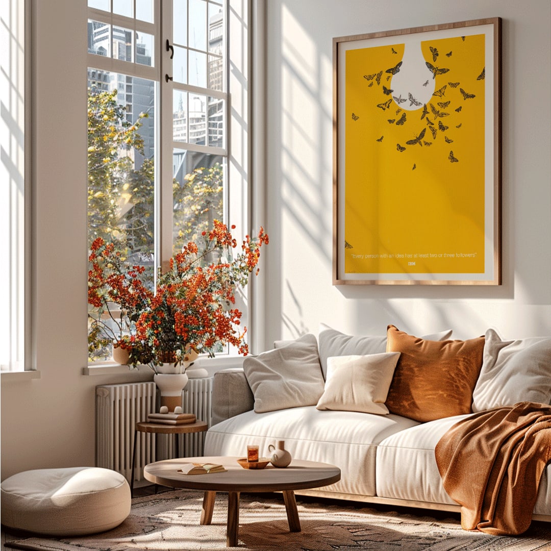 Ken White artwork Every person with an idea has at least two or three followers featuring butterflies attracted to a light bulb poster, framed and displayed in home decor