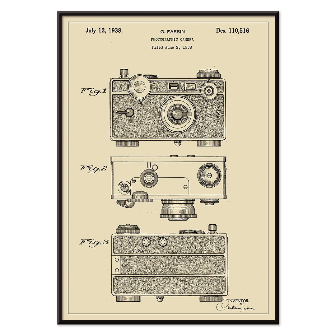 Photographic camera patent illustration and detailed patent drawings by G Fassin poster, with black aluminium frame on white background