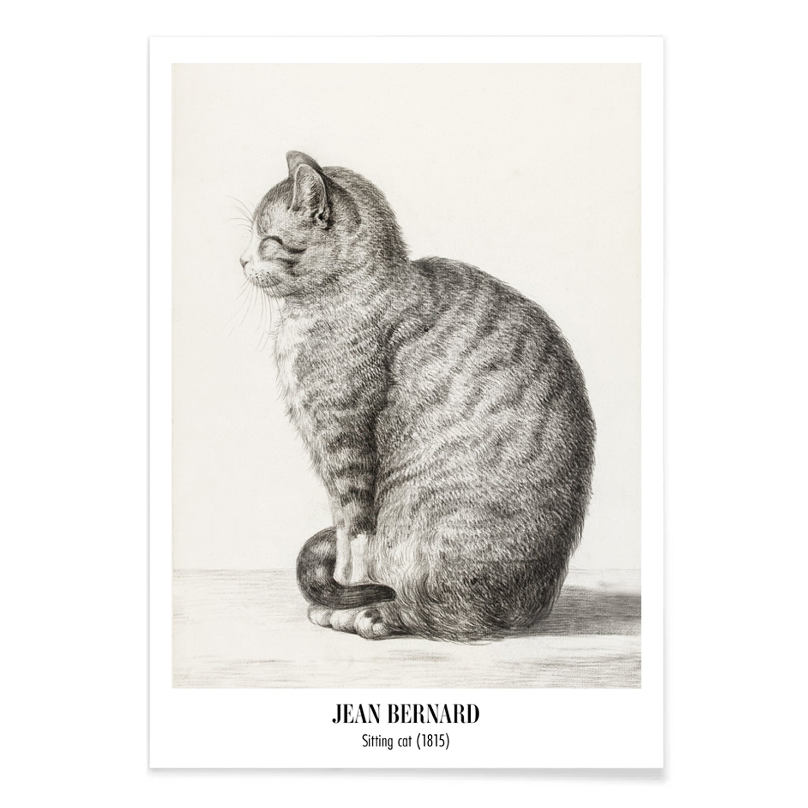 Detailed drawing of a sitting cat by Jean Bernard titled Sitting cat poster for home or office decor, with black aluminium frame on white background