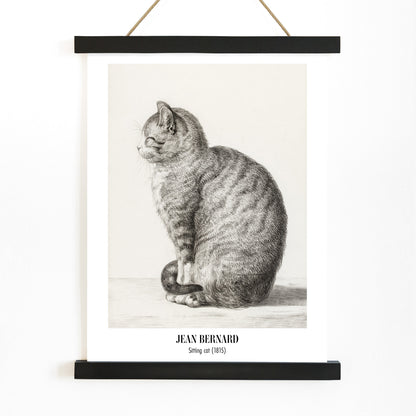 Detailed drawing of a sitting cat by Jean Bernard titled Sitting cat poster for home or office decor, with wooden magnetic frame on white background