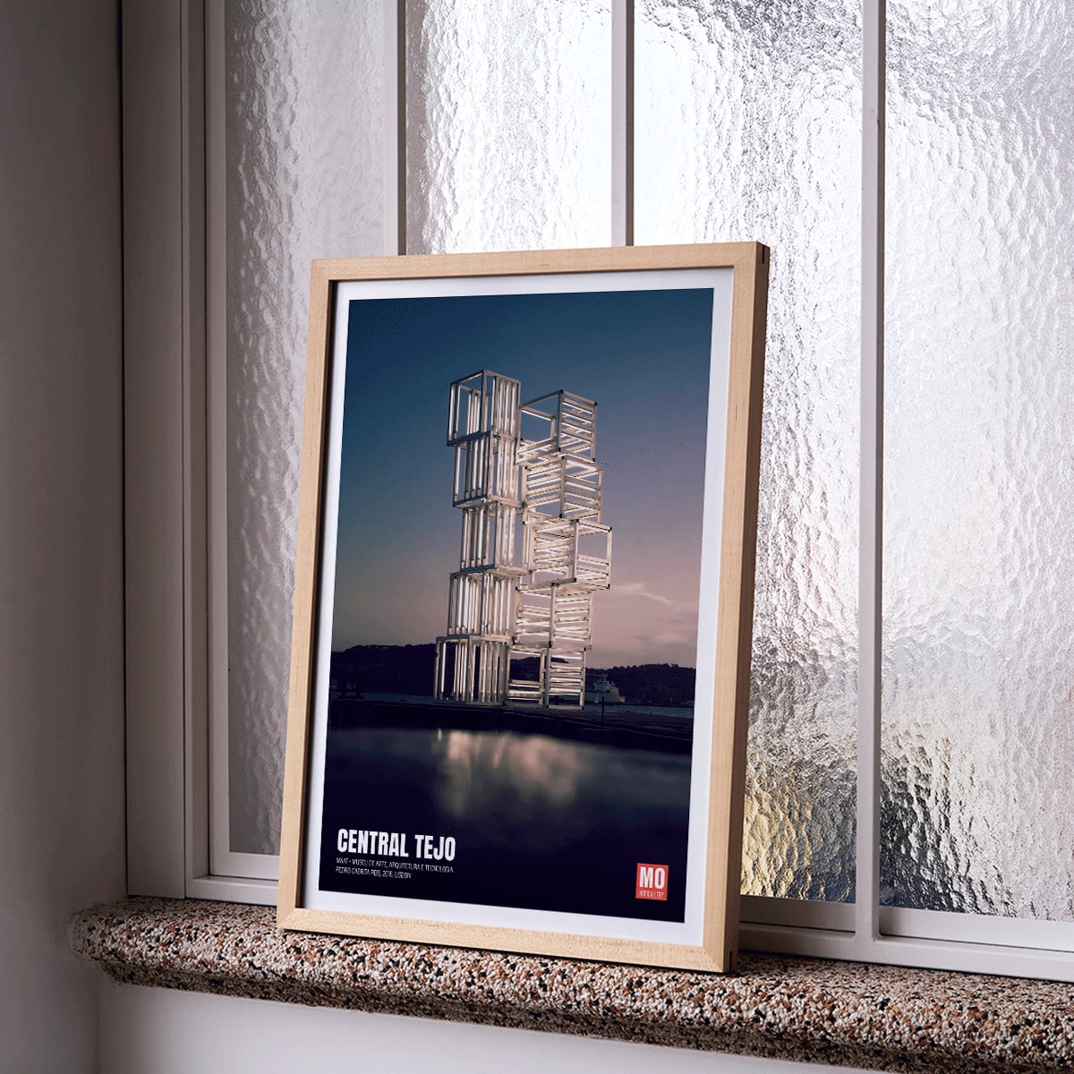 Central Tejo by Pedro Cabrita Reis at Mo Art Gallery Lisbon illuminated architectural sculpture and modern structure poster, framed and displayed in home decor