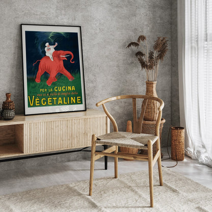 Vintage poster of chef riding a red elephant with bold Vegetaline text artwork by Leonetto Cappiello vibrant style, framed and displayed in home decor