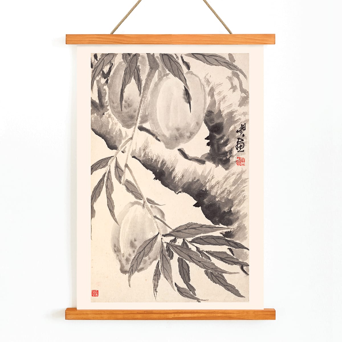 Chinese ink painting poster of peaches hanging from a branch in black ink wash style artwork by Min Zhen, with wooden magnetic frame on white background