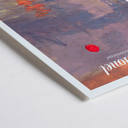 Closeup detail of Claude Monet Soleil Levan exhibition poster vibrant impressionist artwork with red sun over water