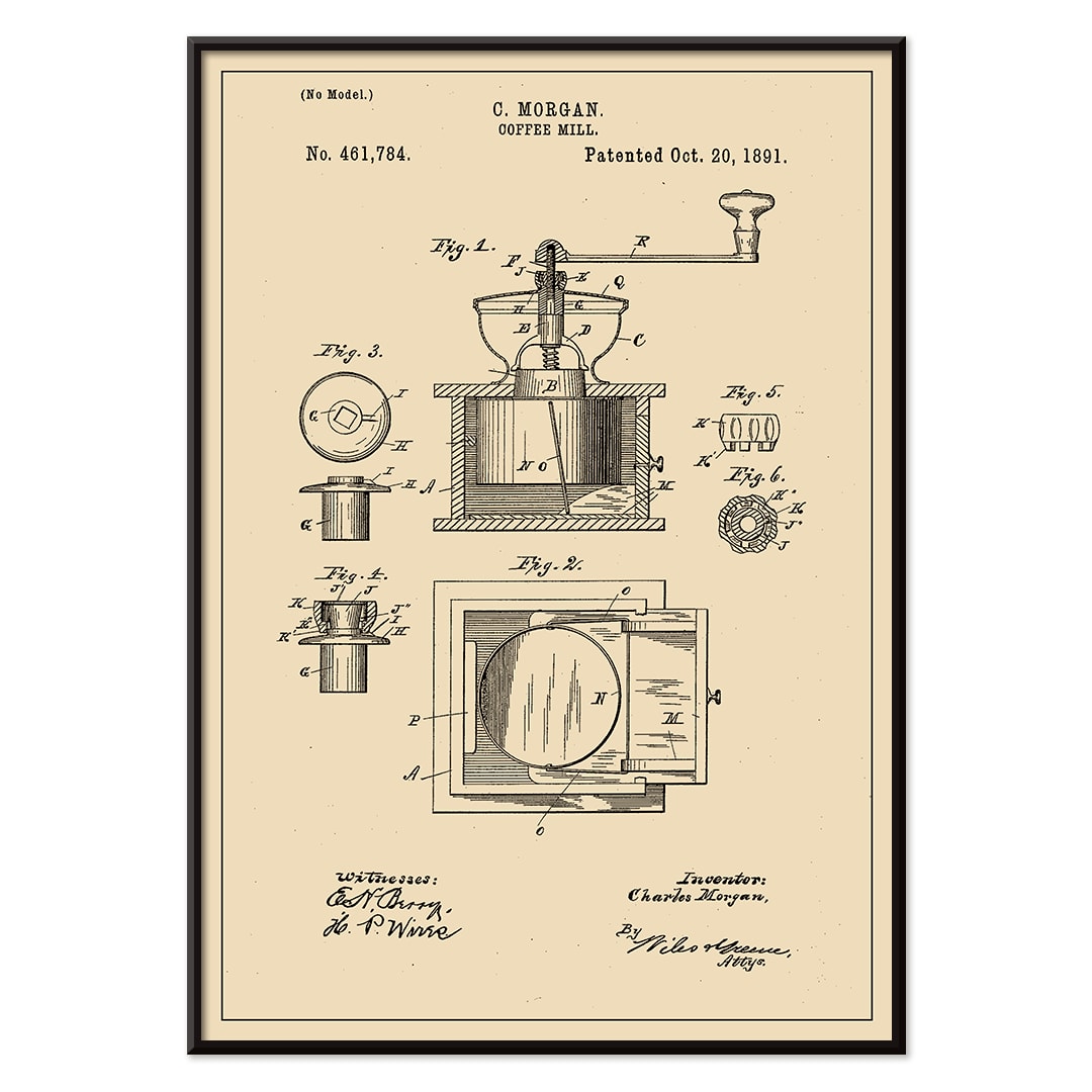 Vintage mechanical drawing and patent sketch of a coffee grinder titled Coffee Mill by C Morgan featuring detailed illustrations and technical specifications, with black aluminium frame on white background