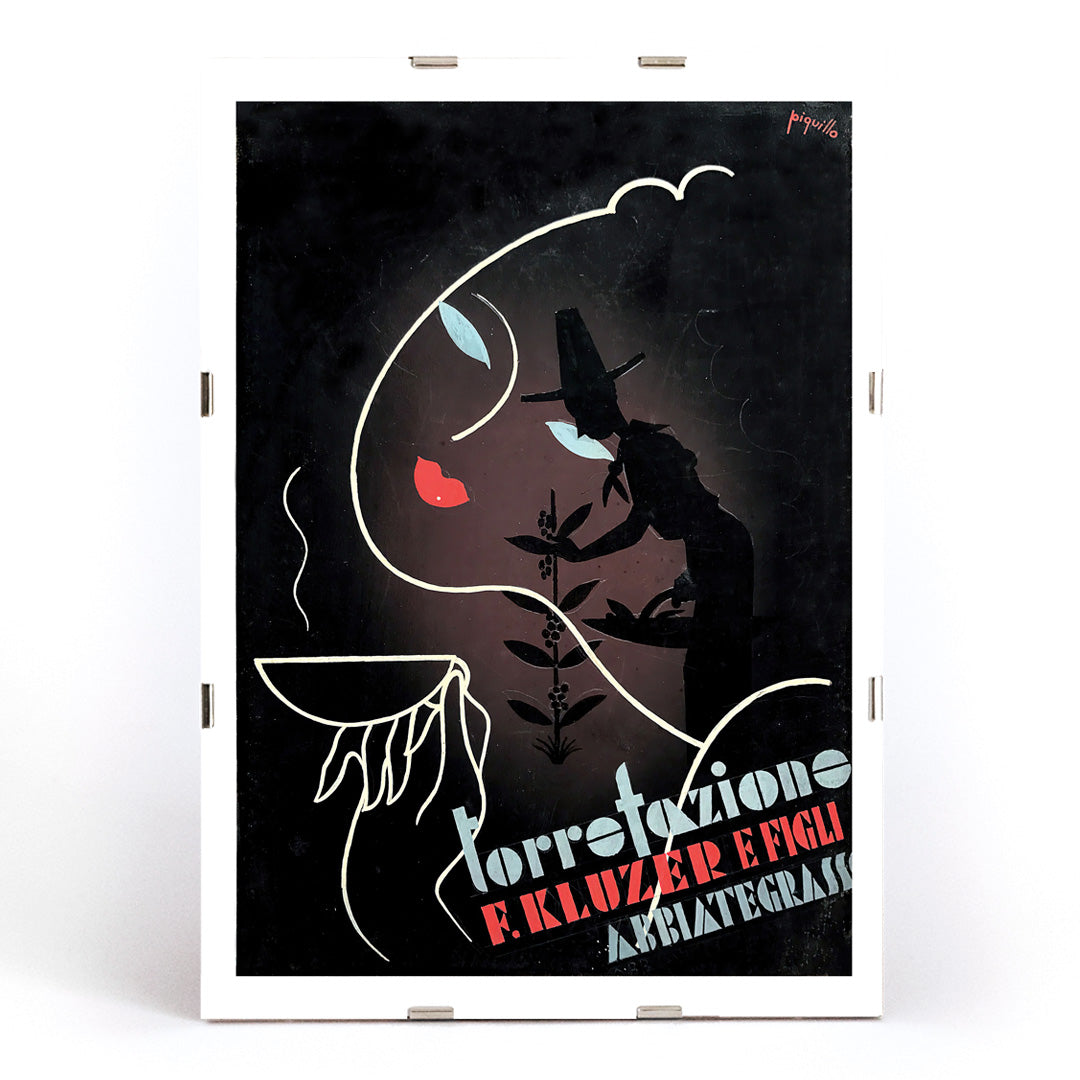 Abstract coffee-themed artwork and poster by Carlo Piquillo Pandolfi featuring stylized figures bold text coffee cup and face Torrefazione F Kluzer E Figli Abbiategrasso, framed and displayed in modern living room decor